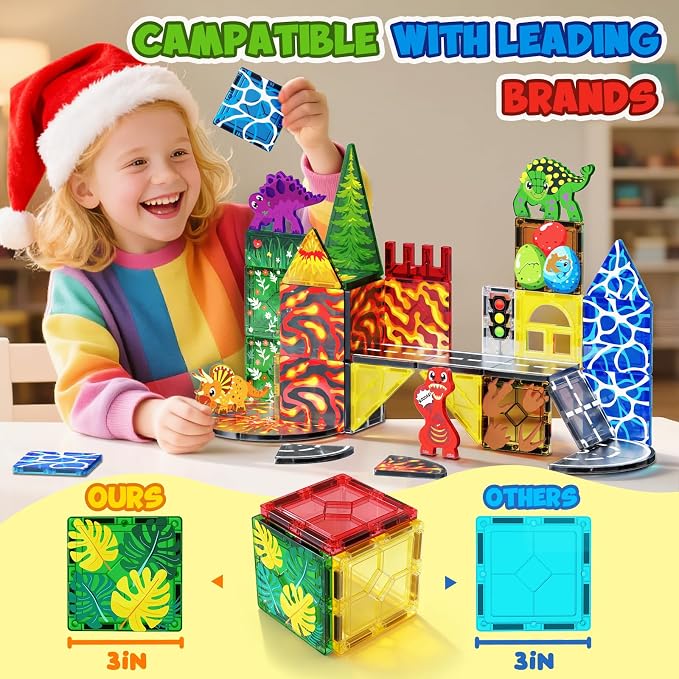 Dinosaur Magnetic Tiles with 4 Dinosaur Toys, Lava Dinosaur World Magnet Tiles for Kids Ages 4-8, Dino Magnetic Building Blocks for Boys Girls Ages 3+, Toddler Sensory Learning Toy Birthday Gifts