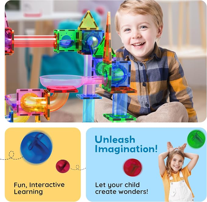 PicassoTiles 50 Piece Magnetic Marble Run Toy STEM Educational Building Set | BPA-free plastic construction, age 3+ coordination tracking, Fine Motor Skills & Spatial Reasonings, creative pretend play