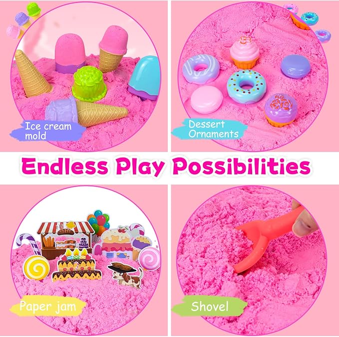 Hymaz Play Sand Kit for Girls, Ice Cream Sensory Bin Sandbox | Creative Bake Shop with 2.2lbs Magic Sand, Ice Cream & Cake Models, Cleaning Tools, Pretend Beach Cake Stand Toys Gift