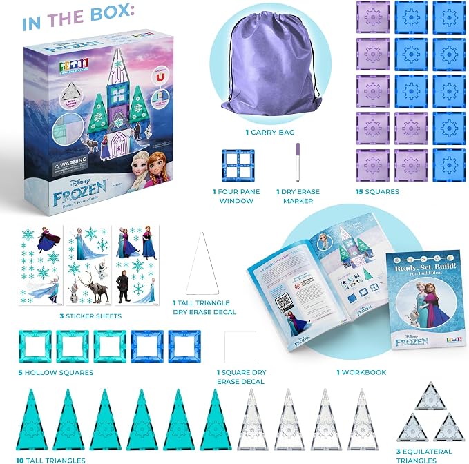 Tytan Toys Disney Frozen Magnetic Tiles Princess Castle - 41-Piece STEAM Building Set with Glitter Tiles & Elsa, Anna, Olaf Stickers - Educational Frozen Toys for Girls Age 3-4+