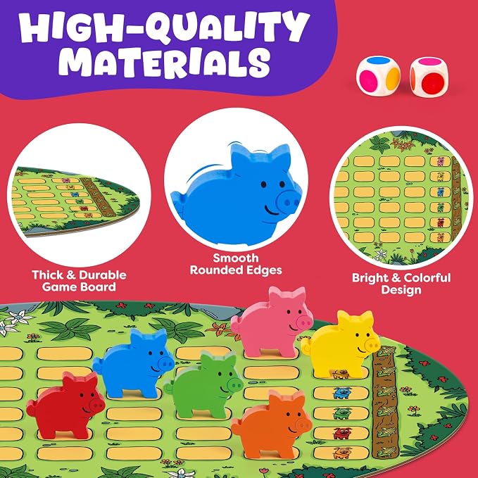 Run Piggy Cooperative Board Game, Adorable Family Dice Game for Kids Ages 3-7, Color Matching Board Game, Preschool Learning Toy, 2-6 Players