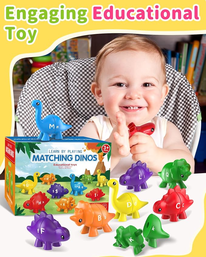 Walenty 26PCS Dinosaur Alphabet Learning Toys for Toddlers Kids 3-5 | Montessori Educational Toys Gifts for 3 4 5 Year Old Boy Girl, Preschool Travel Activities, Double Sided ABC Matching Game