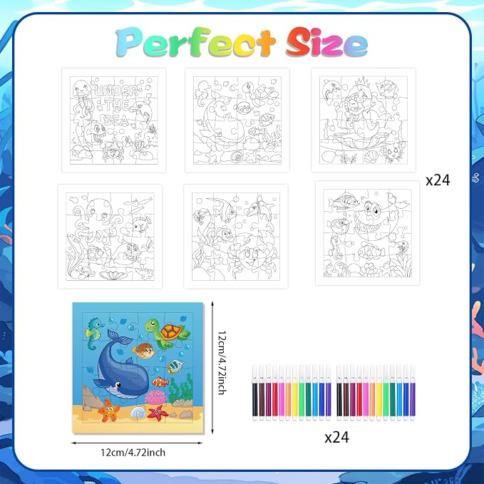 Fennoral 24 Pack DIY Coloring 0cean Animal Jigsaw Puzzle Craft Kit for Kids | Blank Color Your Own Jigsaw Puzzle with Base Design, 4.7 Inch Summer Bulk Crafts for Classroom & Ocean Theme Party Favors