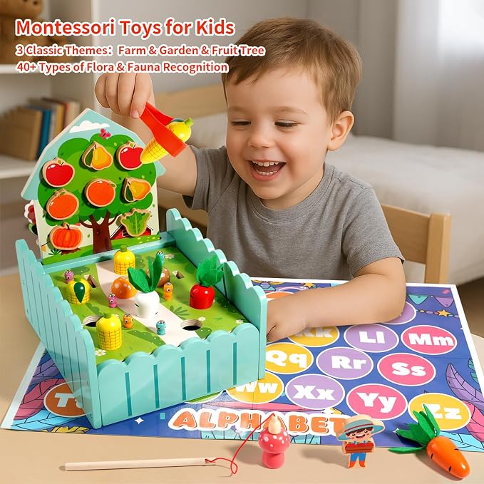 INIFEIDALA Montessori Farm Learning Game for Toddlers 3-5 | Wooden Activity Board,Challenge Cards,Fine Motor Skills,Sorting & Letter Matching,Screen-Free Educational Toy