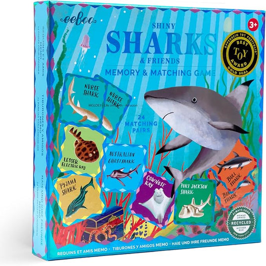 eeBoo Shiny Sharks & Friends Memory & Matching Game, Ages 3+, 1-4 Players | Introduces sharks & marine life. Sharpens recognition, concentration & memory skills. Includes 48 foil tiles, 24 pairs