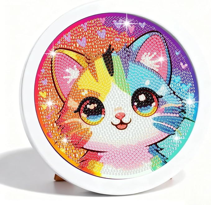 Gemozaic Cat Diamond Art Kits for Kids Ages 4-8-12, Round Frame, 8 x 8 in | Cute Cat Diamond Art for Kids 6 10 12 Year Old, DIY Easy Kid Big Gem Painting, Animal Arts and Crafts for Girl Birthday Gift