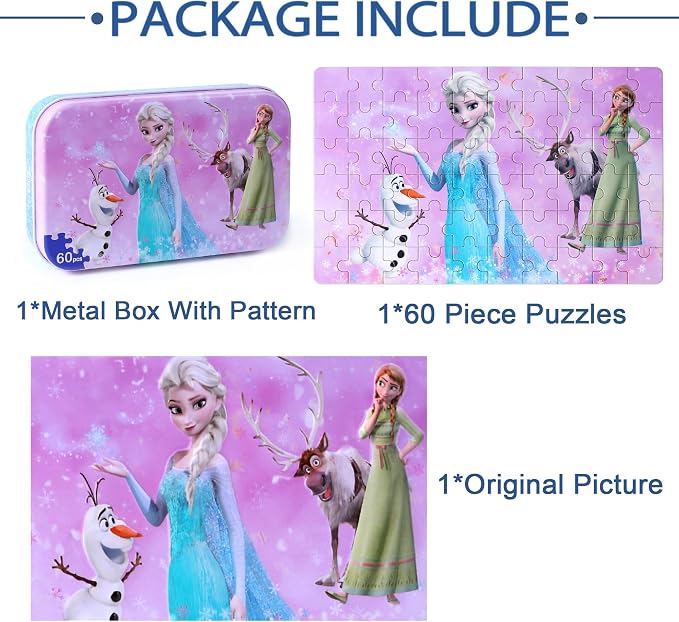 LELEMON Puzzles for Kids Ages 4-6,60 Piece Puzzles for Kids in Metal Box | Snowman Children Jigsaw Puzzles for Kids Ages 3-5 Kids Puzzles,Educational Learning Puzzle Toys for Girls and Boys