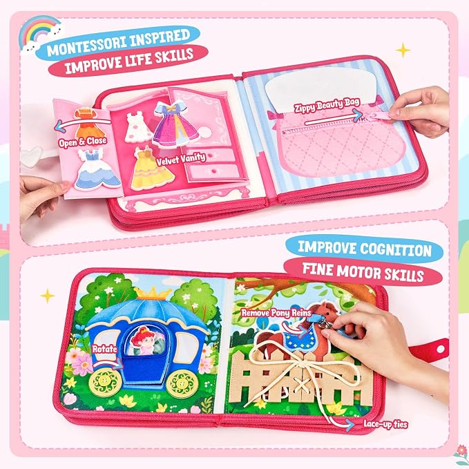 JoyCat Princess Busy Book for Toddlers 1-3, Dress Up Montessori Quiet Toy | Princess busy book with dress-up activities encourages fine motor skills, creativity and quiet travel play for toddlers.