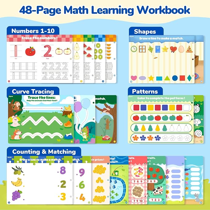 JoyCat Math Busy Book for Toddlers Reusable Preschool Workbook for Ages 3–8 | with 10 Dry-Erase Markers, Number Tracing & Counting Activity Book for Kids, Kindergarten Learning Activities, Travel-Ready