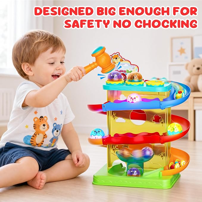 2-in-1 Ball Drop & Car Ramp Race Track Montessori Toy for Toddlers Ages 1-5 | Hammer Rolling Ball, Launch and Race Car-Cause and Effect Sensory STEM Learning Toys for 1-5 Year Old Boys & Girls