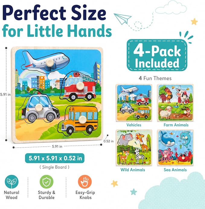 Wooden Peg Puzzle Set for Toddlers, 4 Pack Animal Vehicle Ocean Farm Puzzles, Montessori Wooden Puzzles for Ages 2-4, Preschool Learning Toys for Fine Motor Skills, Gifts for Boys Girls 1 2 3 4