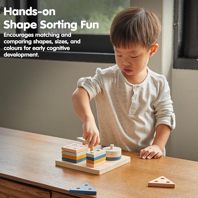 PlanToys® Geometric Sorting Board Orchard Shade, Montessori Kids Shape Toy | geometric sorting board orchard shade, montessori shape size colour learning, fine motor problem solving activity, kids toy