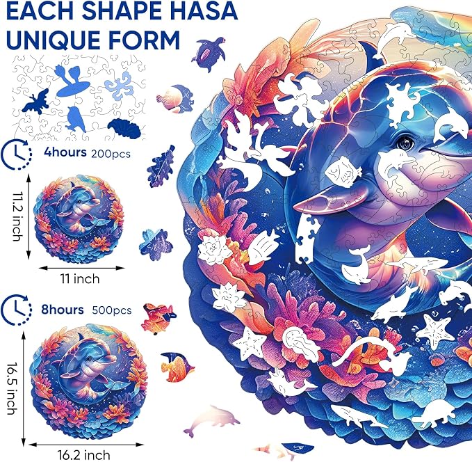 Qiuenisray Wooden Puzzles for Adults 500 Pieces, Dolphin Jigsaw Puzzles | FSC Certified Unique Ocean Adult Puzzles, Irregular Wood Puzzles, Creative Gift for Family Game 16.2x16.5 in