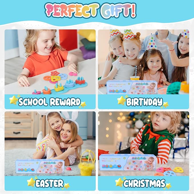 Baby Bath Toys, Mold Free Silcone Shape Sorting & Stacking Bath Toy Set | with 20 Textured Floating Puzzle Toys, No Hole Design, Soft Color & Shape Sorter for Toddler Early Learning Bathtub Fun