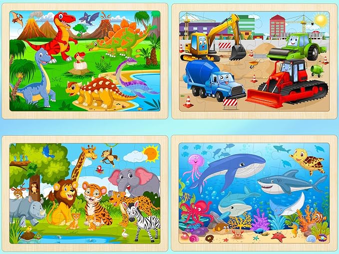 Wooden Puzzles for Kids Ages 4-6, 4 Pack 24 Pcs Toddler Puzzles Set for Ages 3-5, Educational Learning Toys Gift for Boys Girls 3 4 5 6 Year Old, Dinosaur Animal Ocean Vehicle