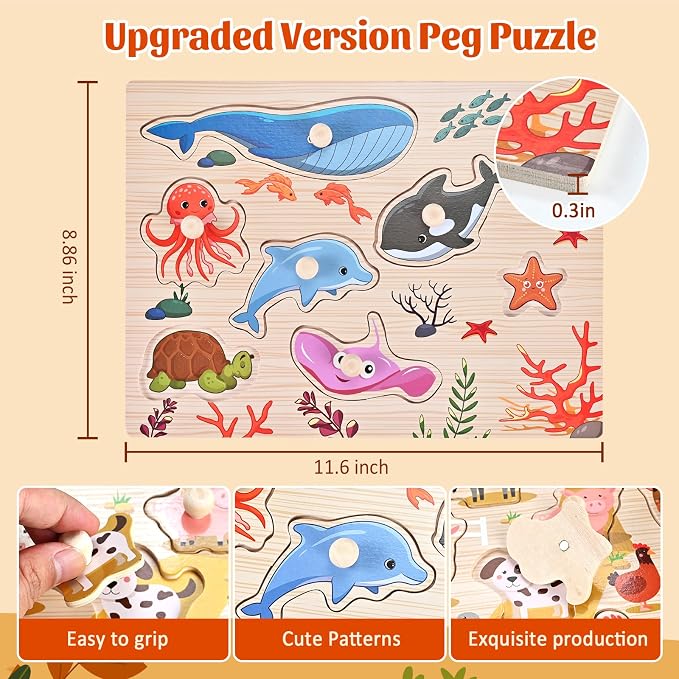 Wooden Peg Puzzles for Toddlers 1-3, 2 Pcs Montessori Puzzles, Upgraded Animal & Sea Themes Puzzles, Great Preschool Educational Learning Gifts for Girls and Boys