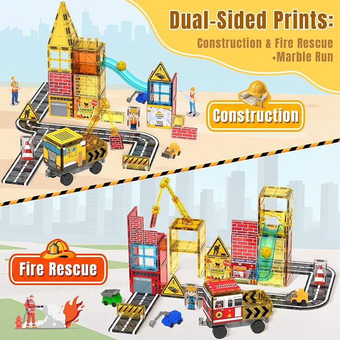 Magnetic Tiles for Kids Ages 4-8 Construction Toys with Crane Marble Run | 2 in 1 Truck Firetruck, Road, STEM Magnetic Blocks, Building Toys, Boys Birthday Gifts, Montessori, Open-ended Play