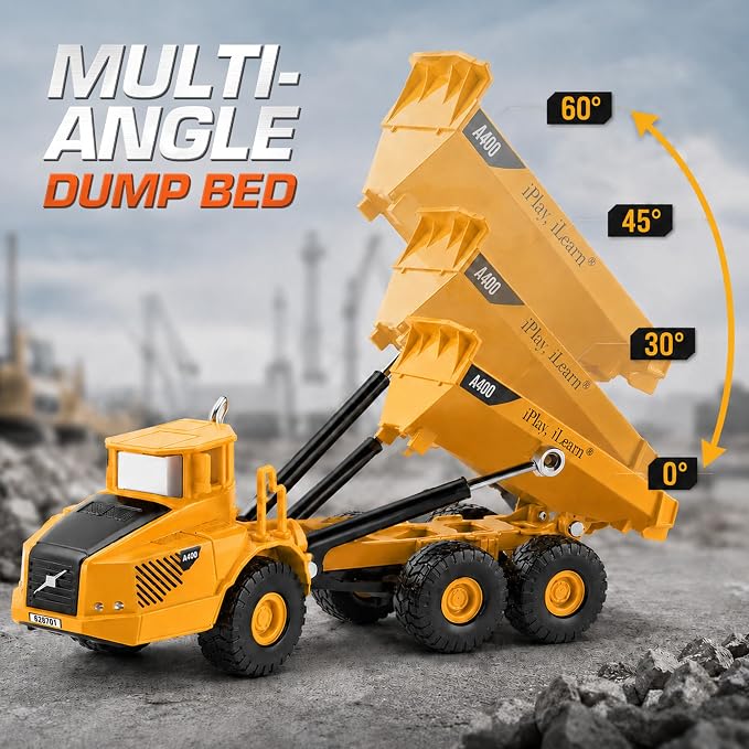 iPlay, iLearn Heavy Duty Construction Site Playset, Metal Dump Truck Digger | Kids Diecast Excavator Backhoe Tractor Bulldozer Vehicle, Outdoor Sandbox Beach Toy, Birthday Gift 3 4 5 Year Old Boy Toddler
