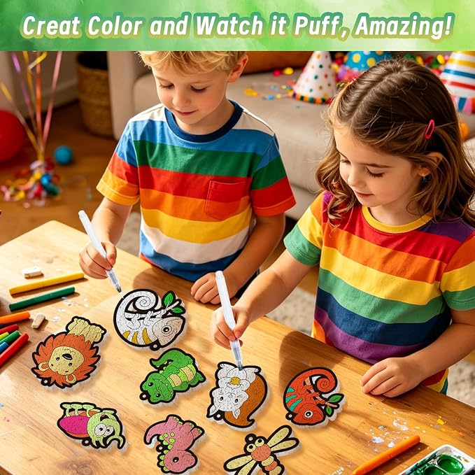 SOOVSY Magic Puffs 3D Art Kit for Kids, Water Activated Puffy Art Craft Kit with Animals Designs, DIY Color & Inflate Activity, Screen-Free Travel & Rainy Day Toy for Girls Boys Ages 4-8