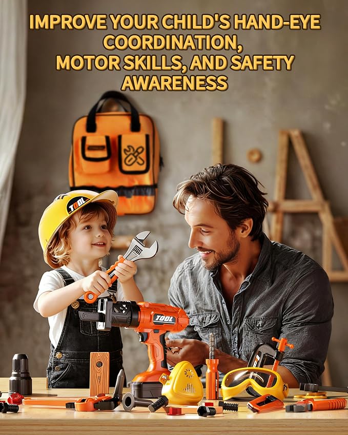 Eohemeral 36Pcs Kids Tool Set with Belt & Electronic Drill | Toddler Construction Toys for Boys Girls 3-5, Sturdy Tool Bag Suitable for Outdoor Use