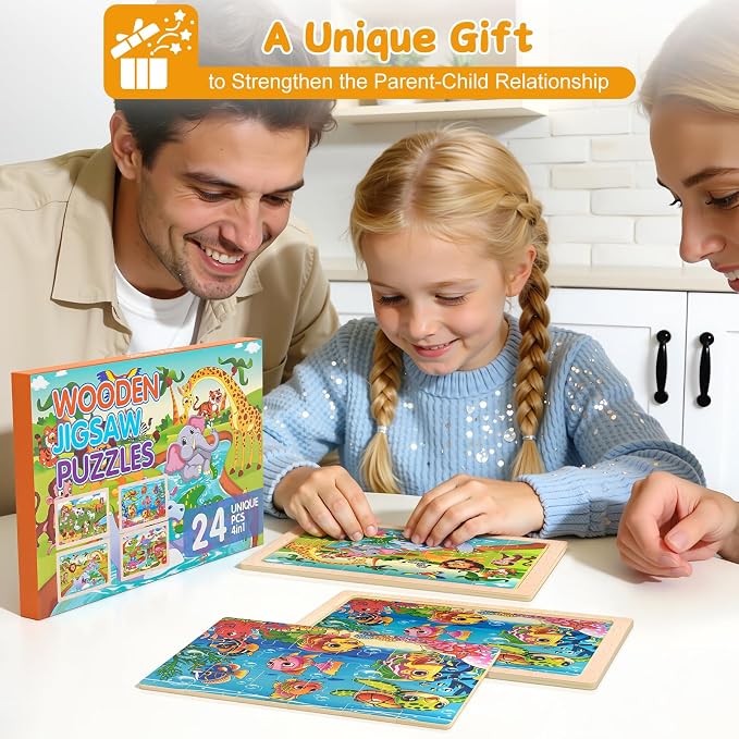 4 Pack Wooden Animal Jigsaw Puzzles for Kids Toddler Puzzles Gift | Sensory Toys, Preschool Educational Toys, Toddler Puzzles Gift Boys Girls