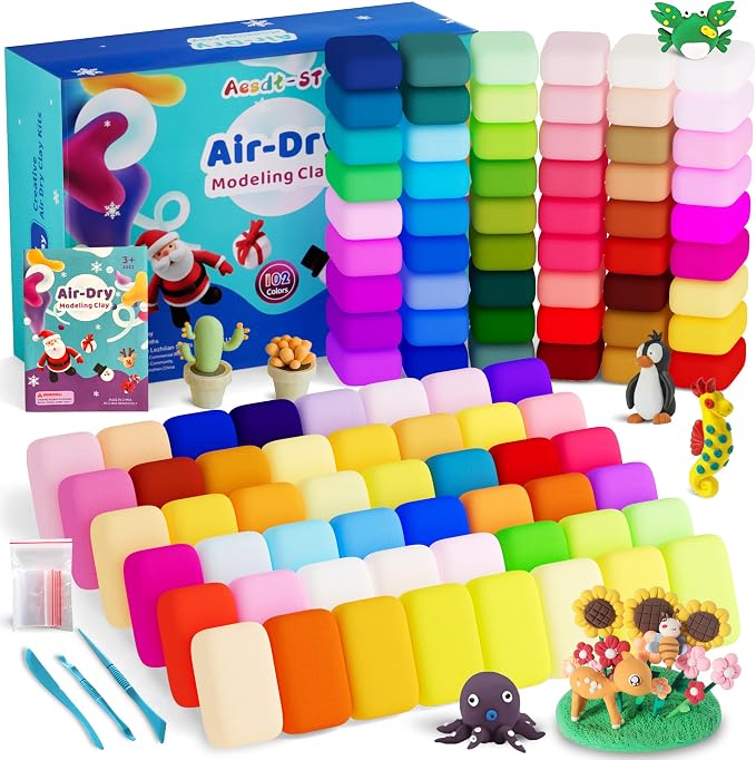 Aestd-ST Air Dry Clay 102 Colors, Modeling Clay for Kids, DIY Magic Clay | Molding Clay Kit, 4 Sculpting Tools, Resealable bags, Non-Sticky Soft, Super Light, Arts & Crafts Gift for Boys Girls Kids
