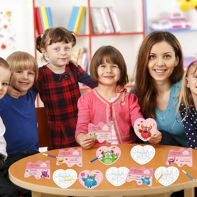 Fennoral 24 Pack Valentines Day Gifts for Kids Classroom Color Your Own Heart Monster Jigsaw Puzzles with Card DIY Coloring Valentine's Day Craft Kit Art Activities Valentines Party Favor Supplies