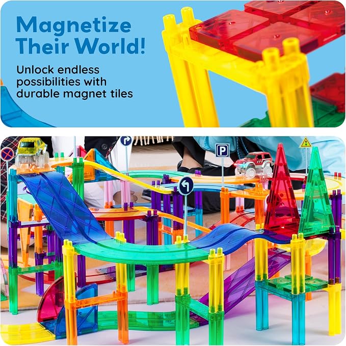 PicassoTiles 150 Piece Race Car Track, Magnetic Building Set with 4 Cars 3+ | BPA-free plastic, screen-free STEM fun, sharpens hand-eye motor skills, expands into full-size collections, smooth safe edges