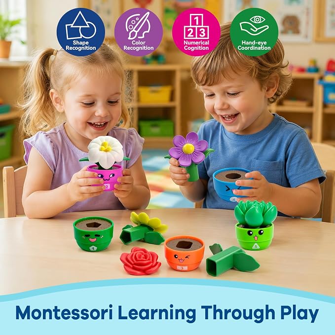 GEERAY 5 Sets Montessori Toddler Flower Garden Toys, Color Shape Sorting & Matching Game for Kids, Spring Toy Sensory Gardening Gift for 1 2 3 Year Old Girls & Boys, Preschool Classroom Learning