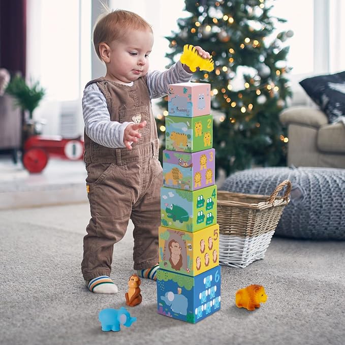 Sorting and Stacking Toys Blocks for Toddler Gifts 1-3, Soft Safari Animal | Bath Toys Age 2-4, Numbers Nesting Stackable Toys for Baby 12-18 Months, Montessori Toys Gifts for 1 2 3 Year Old Boys Girls