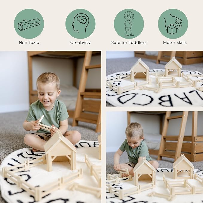 Natural Wood Farm Building Set for Kids Ages 3+, 34-Piece Farm Construction Toy with Interlocking Barns and Fences, Open-Ended Creative Building & Imaginative Play