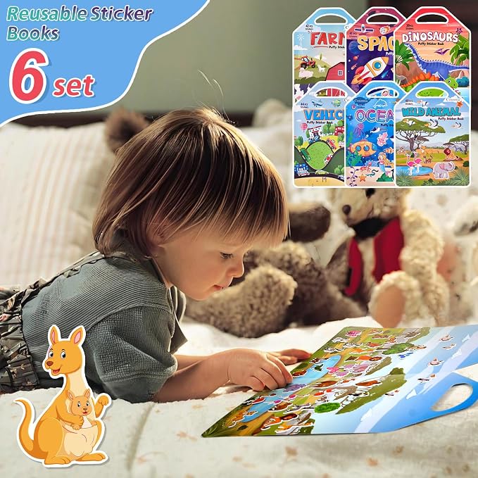 6 Set (260pcs) Puffy Sticker Books Activity for Kids | Animal, Farm, Dinosaurs, Space, Travel Toys Essentials Reusable Stickers for Boys and Girls Ages 3+