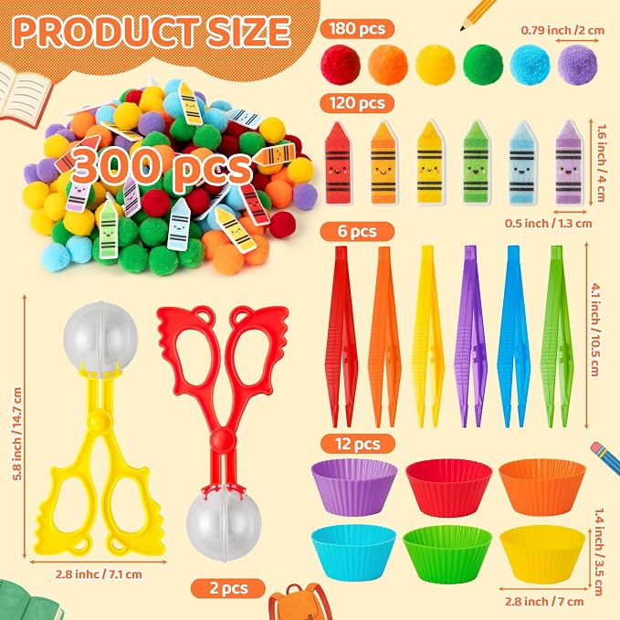 EZdhuawuse Crayon Sensory Bin Fillers, 321Pcs Back to School Fine Motor Set | Counting Sorting Summer Gift for Teens Students Adults, Colorful Felt Crayons Pom Poms Cup Clip, School Education Activities