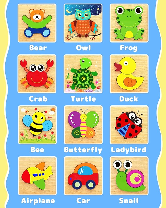 Bekayshad Wooden Puzzles for Toddlers 1-3, Montessori Toys for 1 2 Year Old | Toddler Puzzle, 1 2 Year Old Boy Girl Birthday Gifts, 12 Pack Animal Shape Jigsaw Puzzles, Learning Educational Preschool Toy