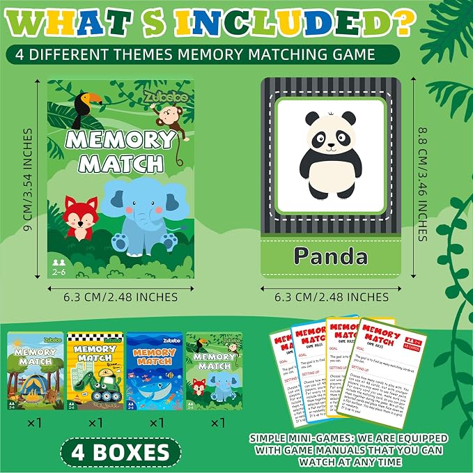 Zubebe 4 Sets Memory Matching Card Game Ages 4+, Family Party Game,Style 2 | Learning Toy with Animal Dinosaur Food Themes, Ideal for Family Night Classroom Prizes Party Favors, Builds Memory Skills