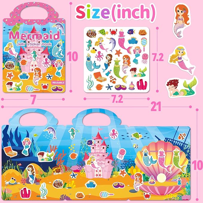 3 Sets Reusable Sticker Book for Toddlers 3-6, Jelly Sticker Books for Toddler, Travel Sticker Activity Toys for Kids 3 4 5 6 Years Old Girls & Boys(Princess+Mermaid+Elves World)
