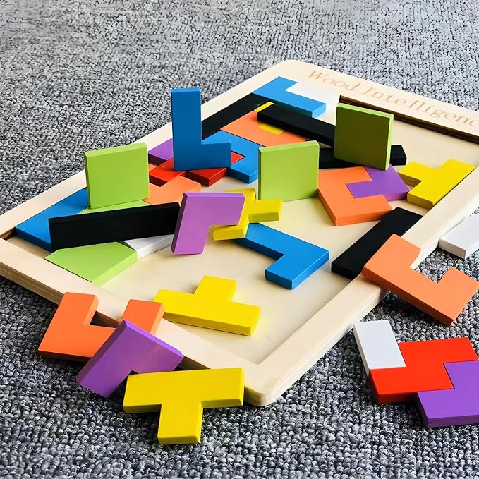 4 Pack Wooden Blocks Puzzles | Russian Blocks, Hexagon Puzzles, Tangrams Puzzles, Board Tic Tac Toe Game, Brain Teasers Toy Logic Game