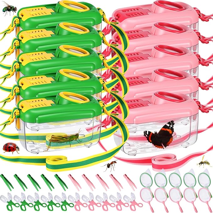 Halloscume 10 Sets Bug Catcher for Kids Students Insect Catching Kit Collector Bug Box with House, Butterfly Net, Tweezer, Cage Habitats Container Collection Explorer Gift (Pink,Green)