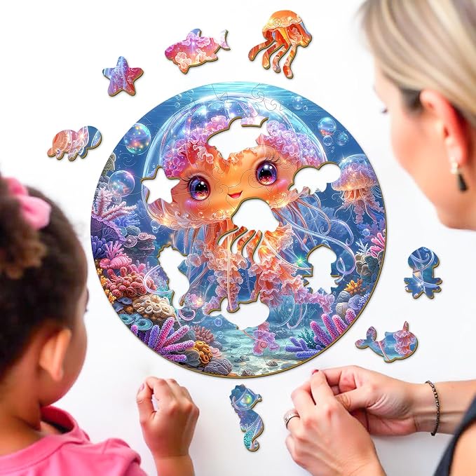 Ocean Wooden Puzzles for Kids - Cute Jellyfish | 50 Piece Puzzles for Kids Ages 6-8, Kids Puzzles with Unique Animal Shapes, Round Gift for Girls and Boys (11.4 * 11.4 in)