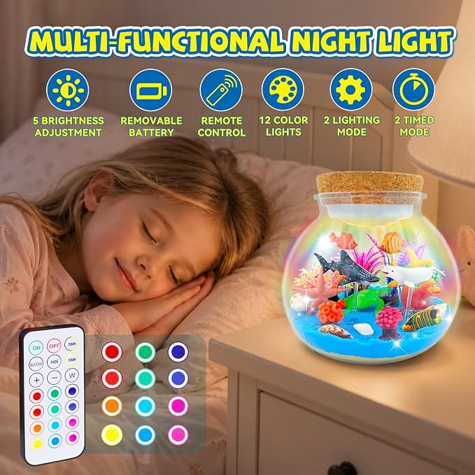 7july Ocean Animals Terrarium Crafts Kit for Kids-LED Night Light Up & Remote Birthday Gifts Toys for Girls Ages5 6 7 8 9 10 Year Old