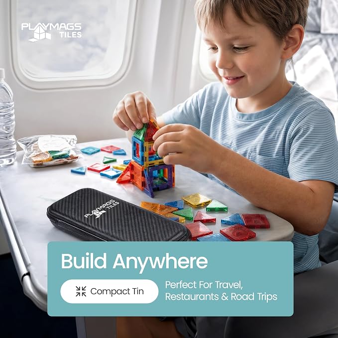 Playmags Mini Magnetic Tiles for Kids 42-Piece Set | Travel Magnetic Blocks | STEM Sensory Educational Toys | Portable Toddler Building Toys | Gift for Boys & Girls Ages 3