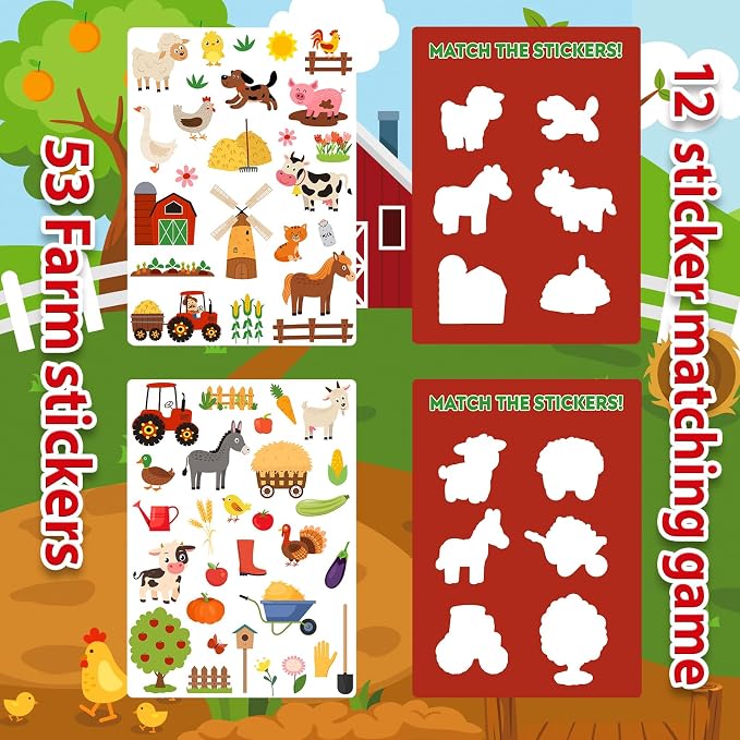 Reusable Sticker Book for Kids 1-3, Jelly Sticker Books for Toddlers 2-4 Years, Toddler Easter Basket Stuffers＆Travel Essentials Farm Stickers for Kids Toddler Plane Activities (Farm)