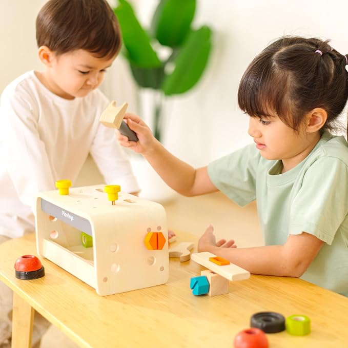 PlanToys® Wooden Little Tool Bench Montessori Construction Kids STEM Toy | hammer, wrench, screwdriver, kids tool set, girls, boys, fine motor problem solving imaginative role play gift preschool
