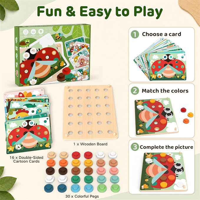 Montessori Wooden Button Art Learning Toy for Toddlers 1 2 3+ Year Old | Color Matching Board with 16 Animal Pattern Cards & 30 Wood Pegs, Educational Fine Motor Skills Activity for Preschool Kids