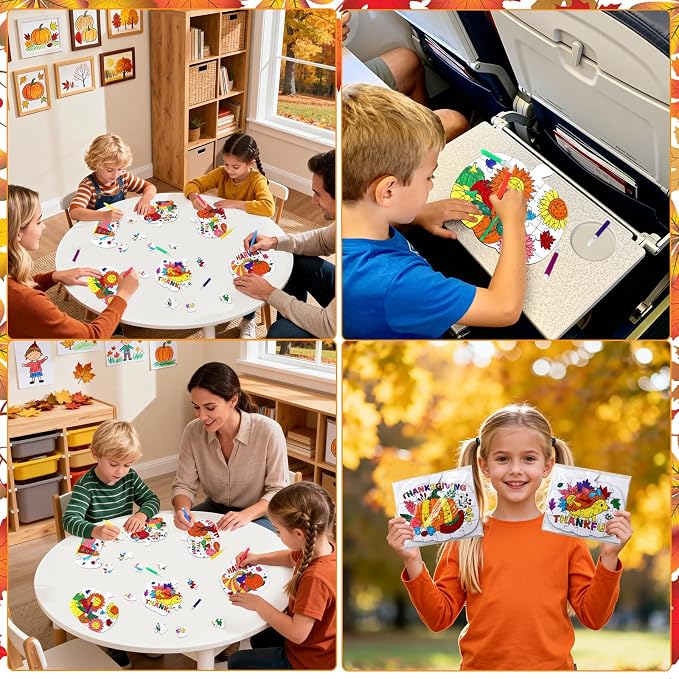 24Pcs Thanksgiving Fall Crafts for Kids Autumn Pumpkin Shape Art DIY Puzzle | Fall Craft Jigsaw leaf Turkey for Thanksgiving Harvest Activity, Classroom party favor Gift, Coloring Game Toy Supplies Bulk