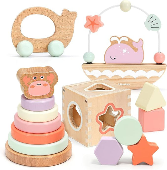 Pillowhale Montessori Wooden Toys Set for Toddlers 12M+ 4-in-1 Educational Toy with Stacking Rings, Shape Sorter, Bead Maze & Baby Car