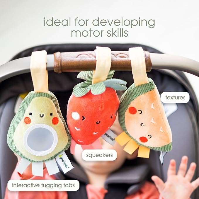 Pearhead Fruit Stroller Toys, Plush Hanging Baby Toy, Set of 3 | Strawberry Avocado Watermelon, Car Seat Attachments, Hanging Mirror, Newborn Gift, Easy-Grip Design, Tummy Time