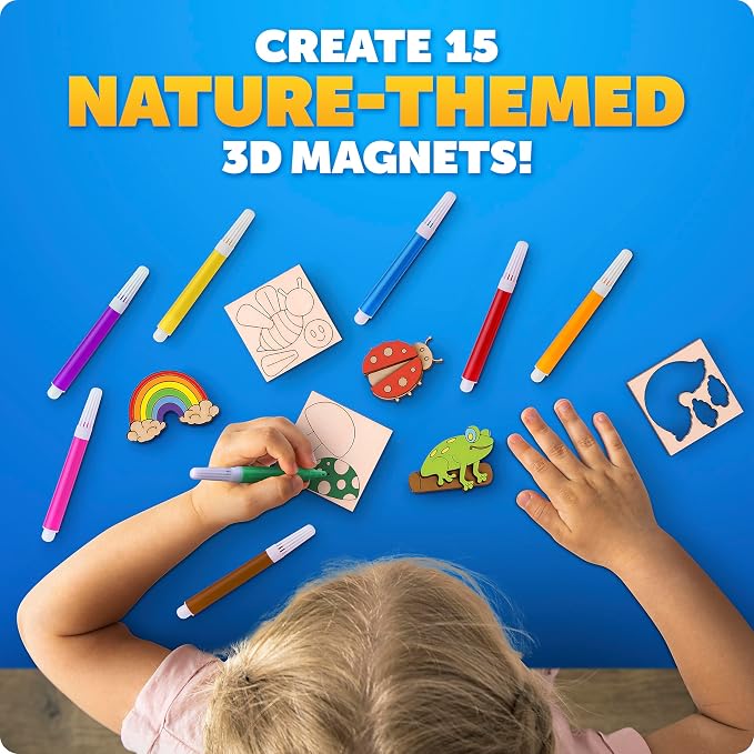 Blue Marble Wooden Magnet Painting Craft Kit with 15 Nature Designs | 15 Nature-Themed Wooden Magnets, 8 Watercolor Pens, Paint and Create, Magnet Art, DIY Craft Activity, Birthday Gift