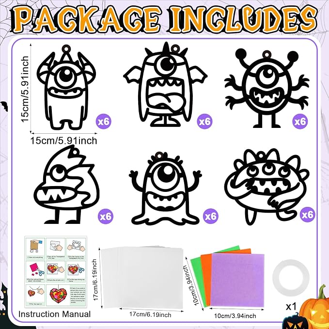 Qyeahkj 36 Set Halloween Monster Suncatchers Crafts for Kids DIY Monster Window Tissue Paper Craft Kit Hanging Decor for School Classroom Activity Art Project Holiday Home Birthday Party Favor Gift