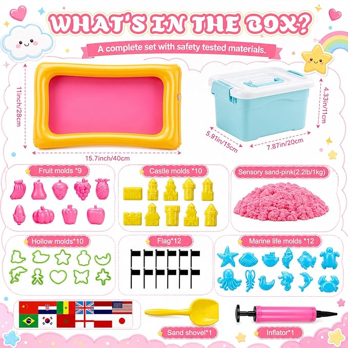 Teyva Daily 59 Pcs Sensory Bin Sand Kit with 2.2lbs Pink Moldable Play Sand, Inflatable Tray, Lidded Storage Box, Castle Ocean Animal Fruit Molds, Flags and Pump for Kids Toddler Ages 4-6